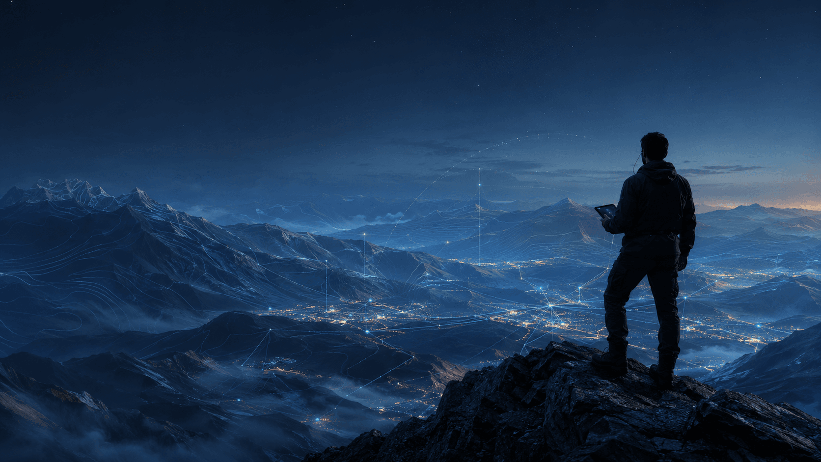An intelligence professional overlooking a geospatially mapped mountain landscape