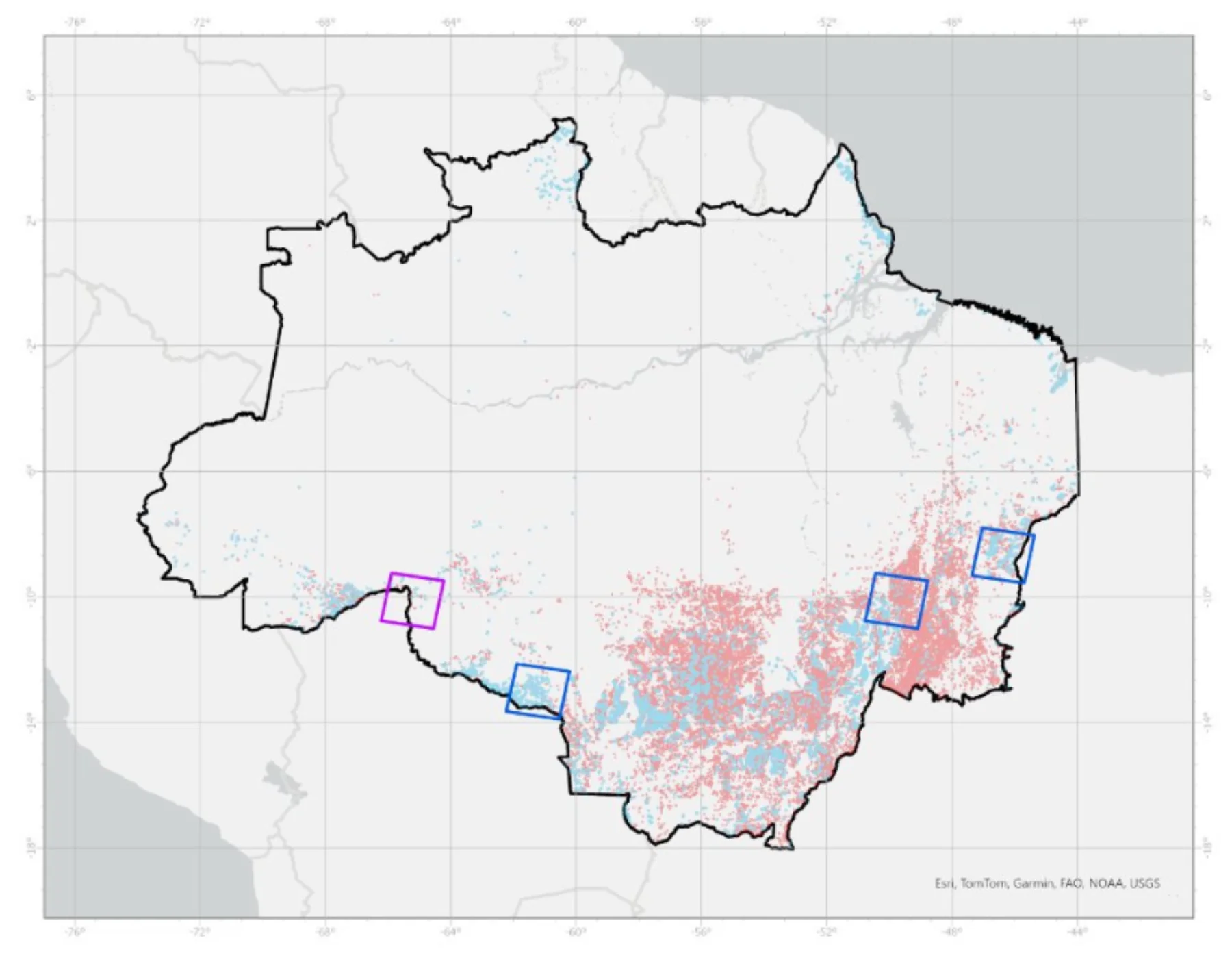 Map of forest loss and growth across the Brazilian Amazon